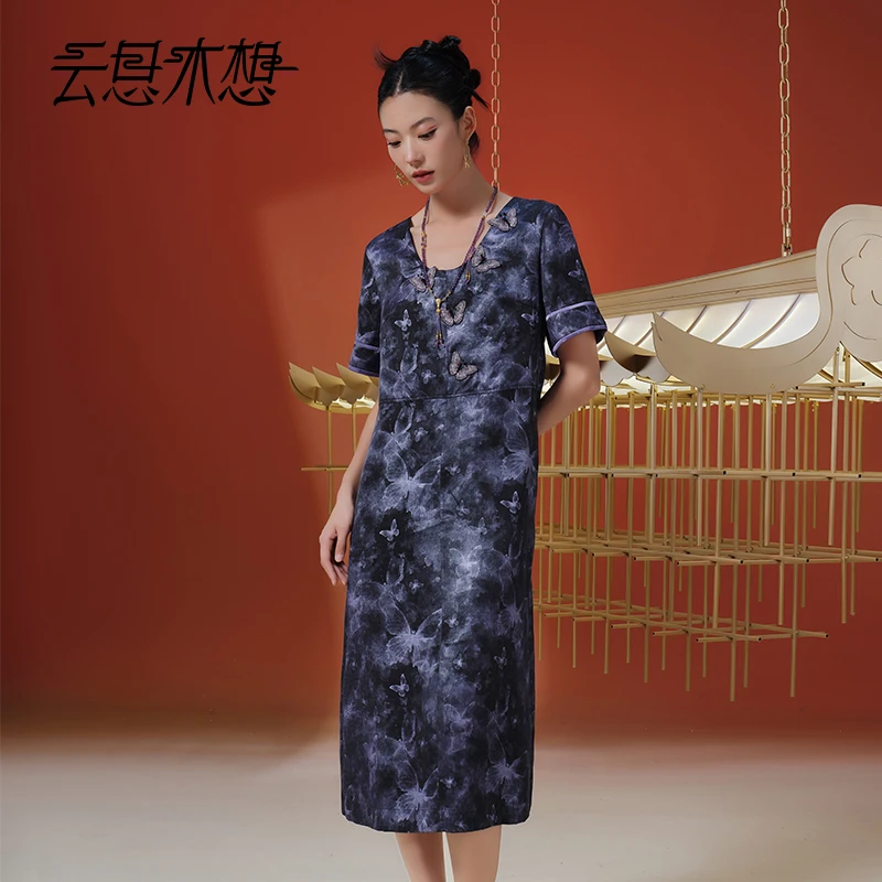 Ysimo-X云思木想 紫蝶云纱 绣花钉珠U领香云纱桑蚕丝连衣裙13283