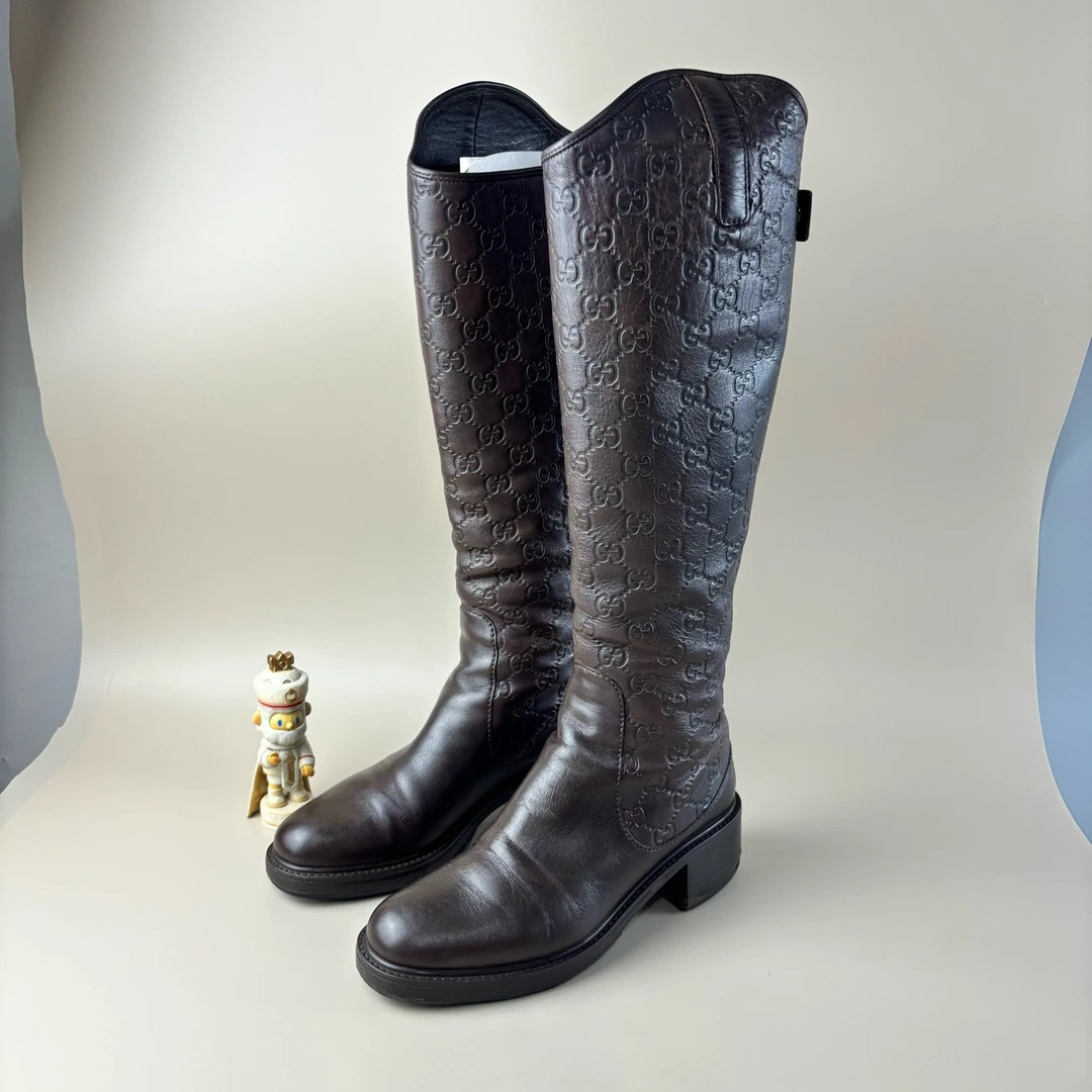 99新 GUCCI/古驰 黑色双G满印骑士靴 37码 YLP3203