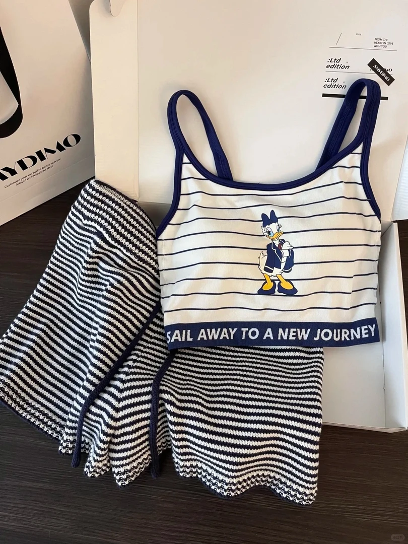 可爱少女唐老鸭带胸垫吊带睡衣女夏季新款舒适针织短裤套装家居服