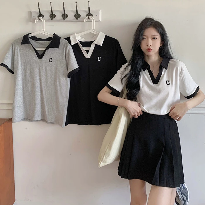 【25022】撞色polo衫短袖T恤女简约百搭休闲上衣