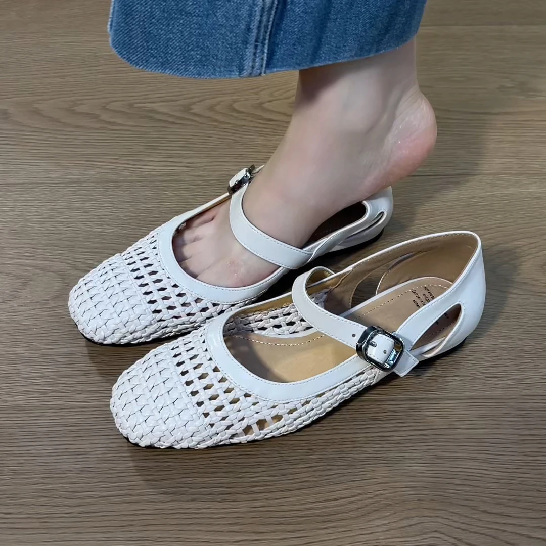 2025新款夏季牛皮编织百搭凉鞋简约舒适透气真皮软底低跟包头凉鞋