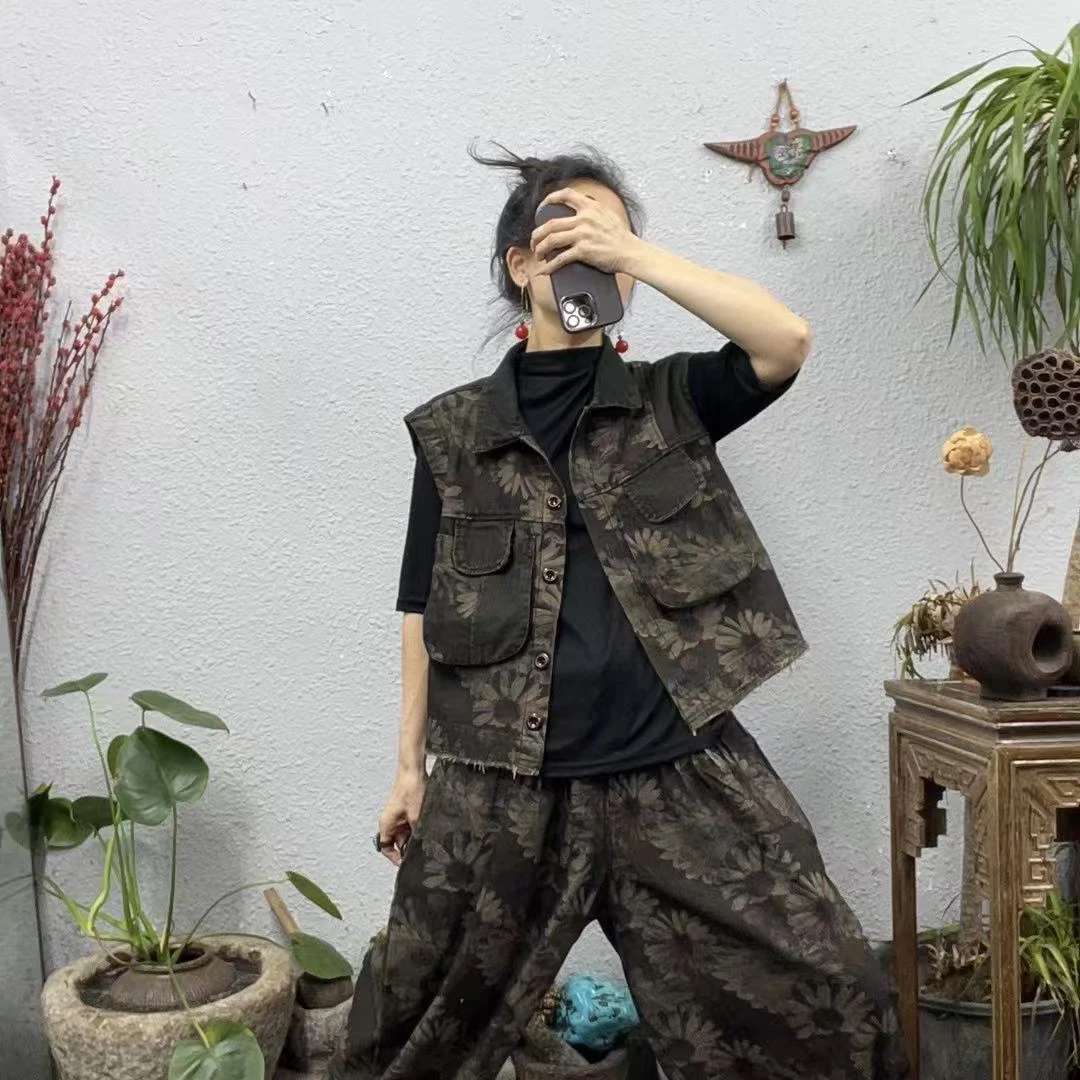 777春小雏菊下摆毛边翻领做旧牛仔马甲（前51后56胸围122