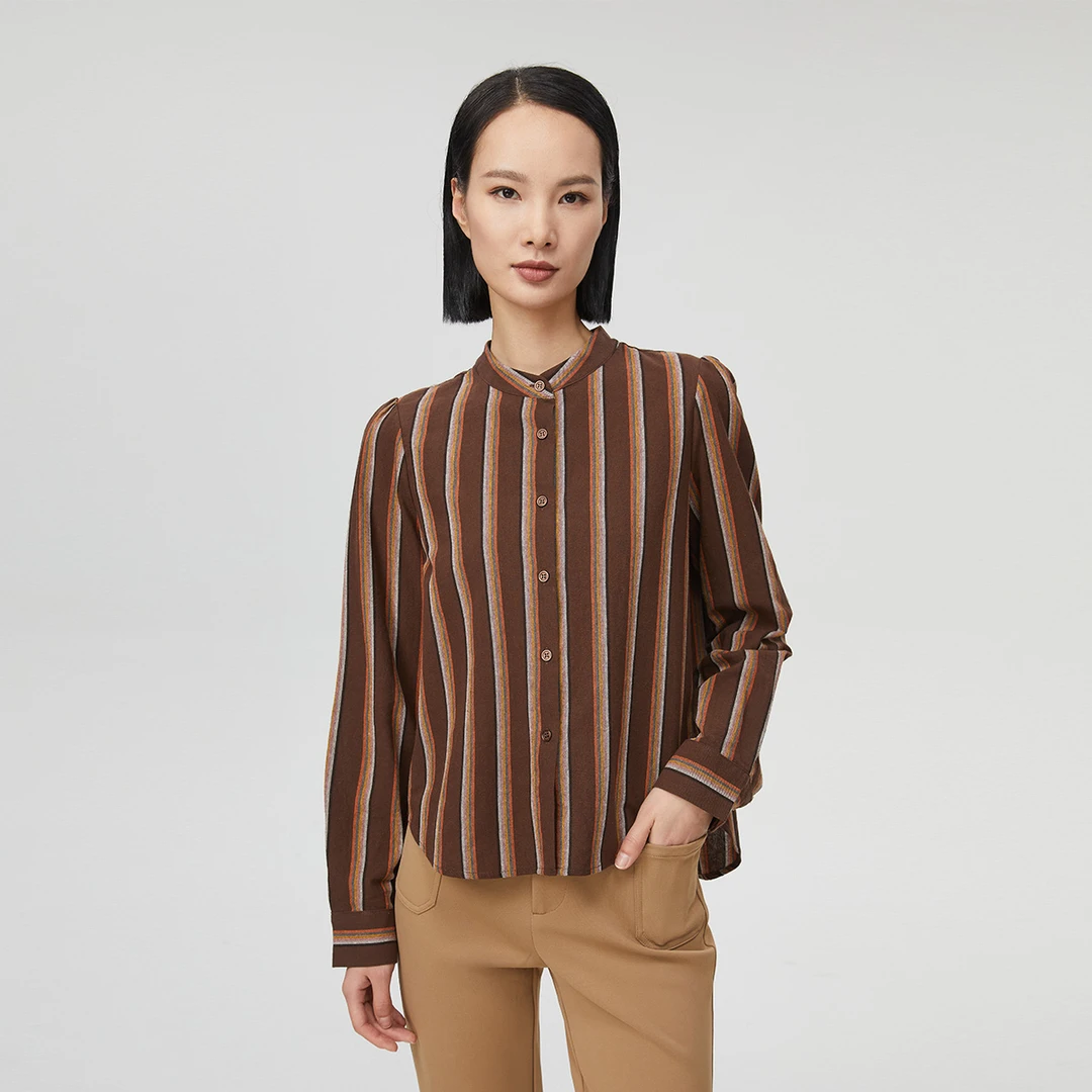 漫雾条纹衬衫 咖色条纹时尚气质衬衣王璇原创设计