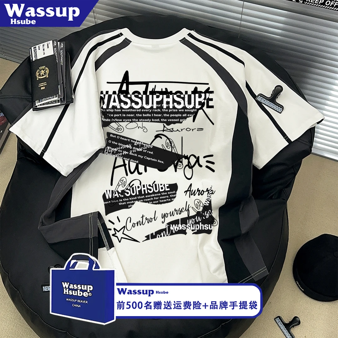 WASSUP HSUBE100%纯棉美式潮牌短袖T恤男女设计感宽松半袖上衣服