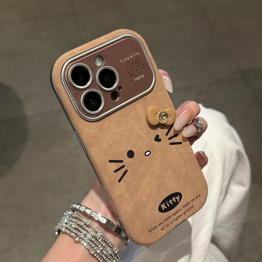 欧克里里复古皮质大视窗棕表情KT猫适用苹果16promax手机壳华为