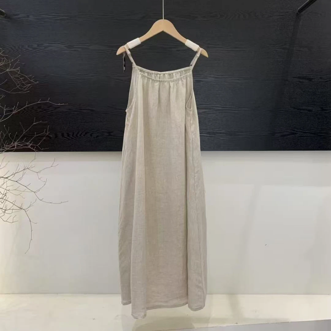 夏季新款复古文艺纯色后背系带领口盘扣连衣裙亚麻飘逸仙女裙百搭
