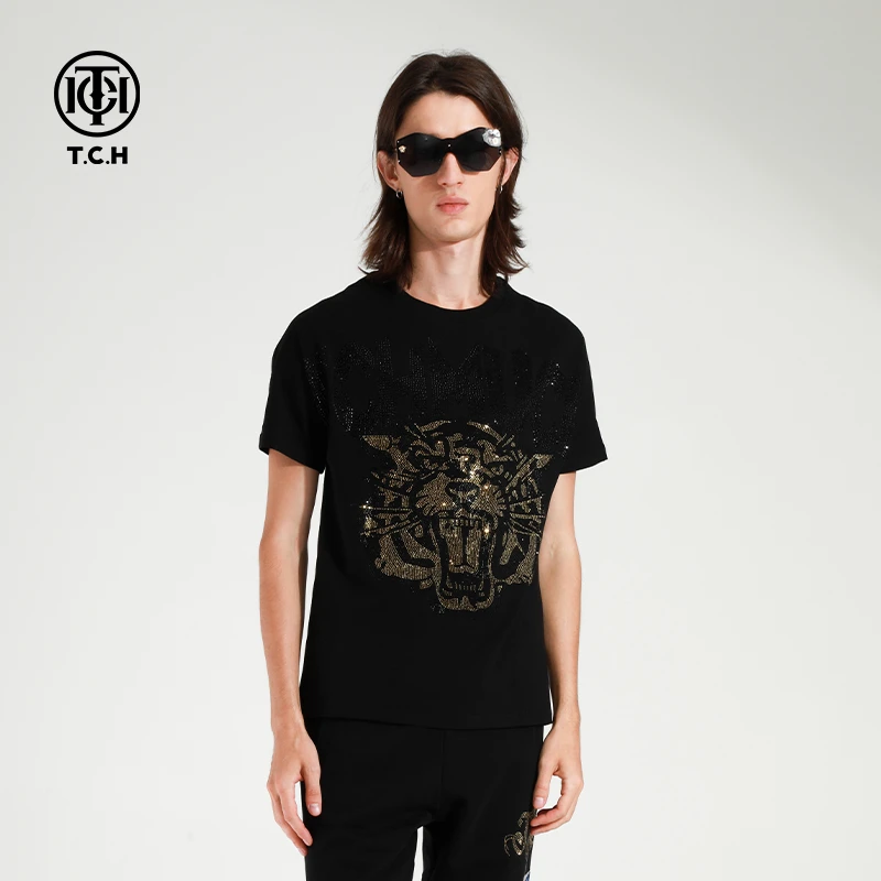 TCH-潮牌虎头黑字母烫钻印花短袖T恤男女同款T21110C6143