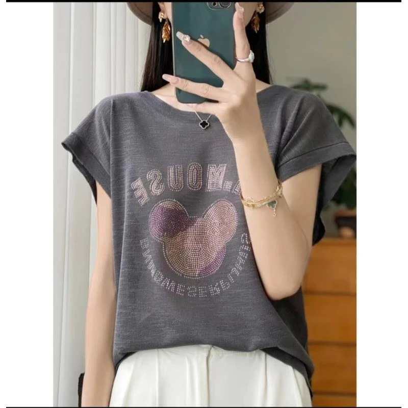 【森森】新款竹节麻~凉快吸汗透气圆领短袖女轻薄宽松T恤烫钻针织衫