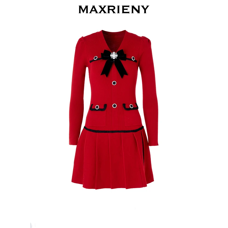 【专用】MAXRIENY千金小香风连衣裙丝绒蝴蝶结新年红连衣裙显瘦