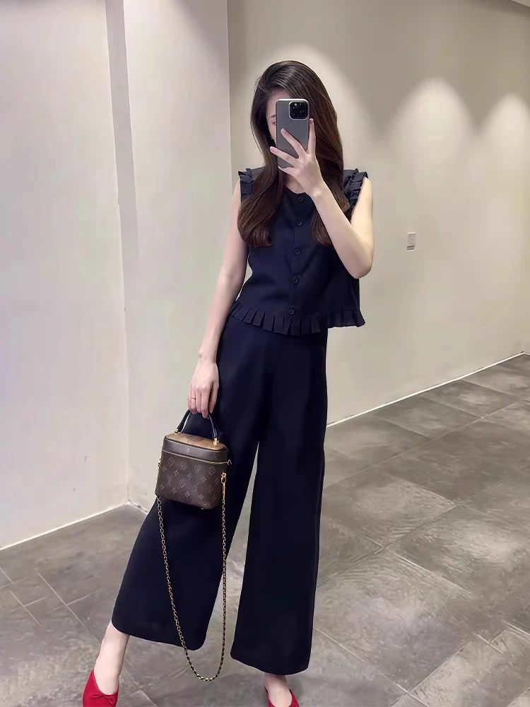 高级感时尚套装女2025夏季新款洋气显瘦减龄无袖上衣阔腿裤两件套