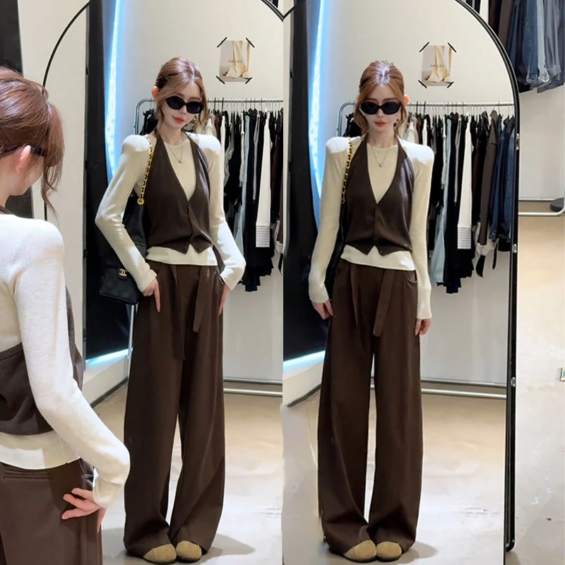 2025秋季新款韩系修身打底衫叠穿挂脖吊带背心女休闲阔腿裤三件套