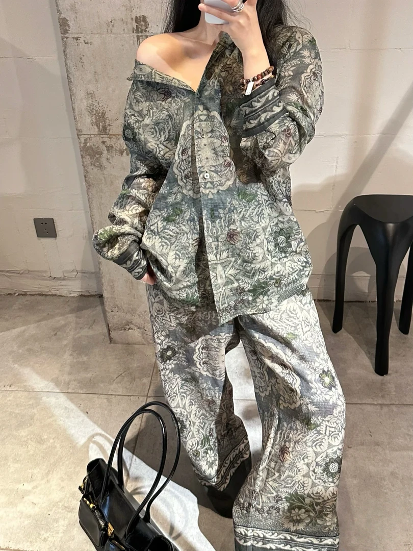 M.N 深圳南油原创复古国风感民族风东方美绿野仙踪印花亚麻套装