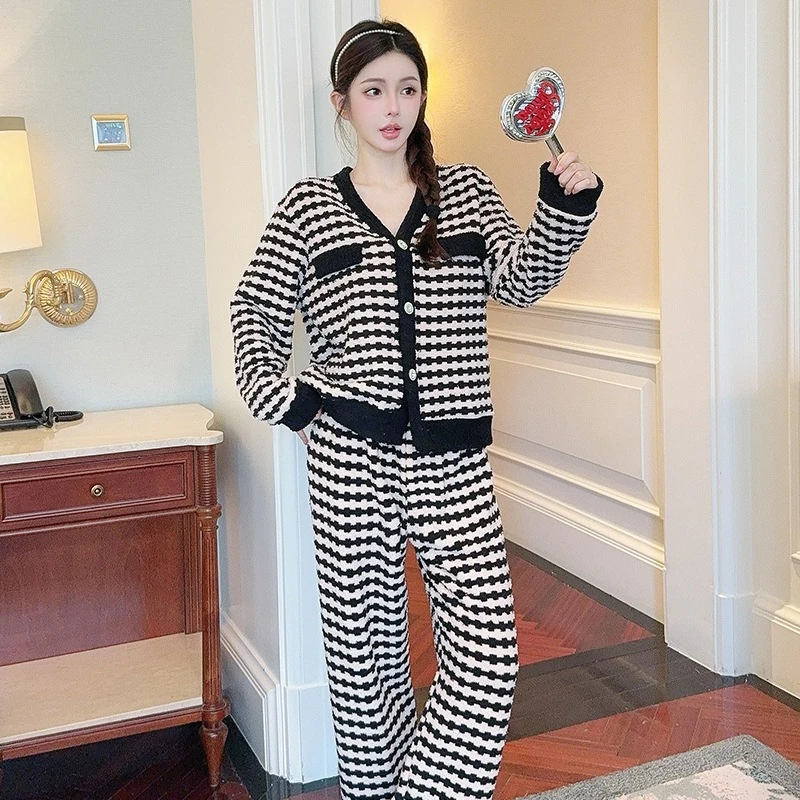 320G软绵绵小香风条纹新款睡衣女士加厚保暖开衫半边绒套装女网红