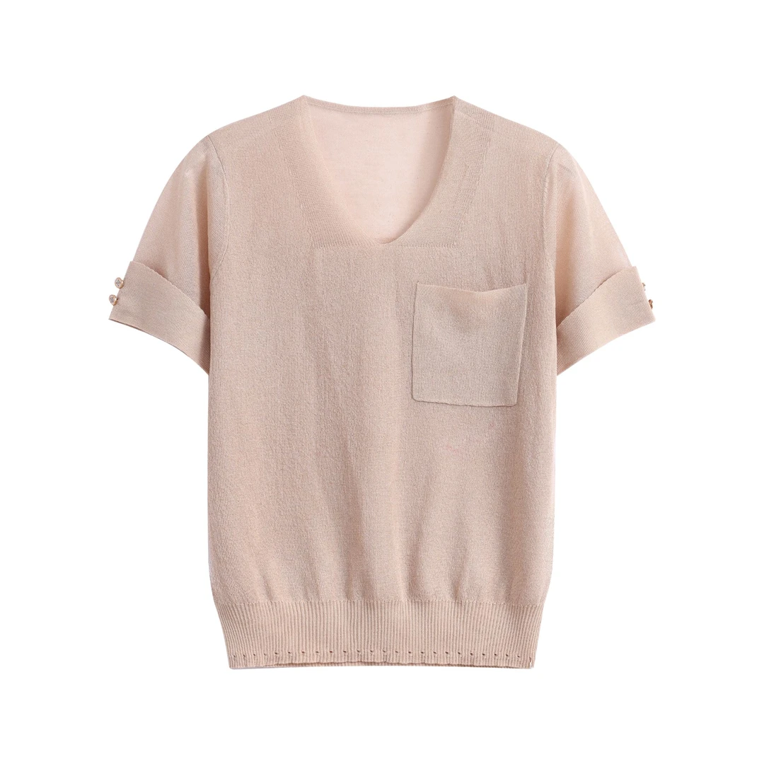 30697常【恩*订单】夏季薄款V领冰丝针织短袖0272