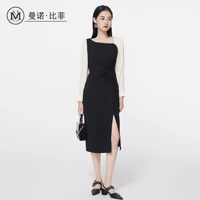 【诗语专属】曼诺比菲法式拼接撞色长袖连衣裙MFEL115307