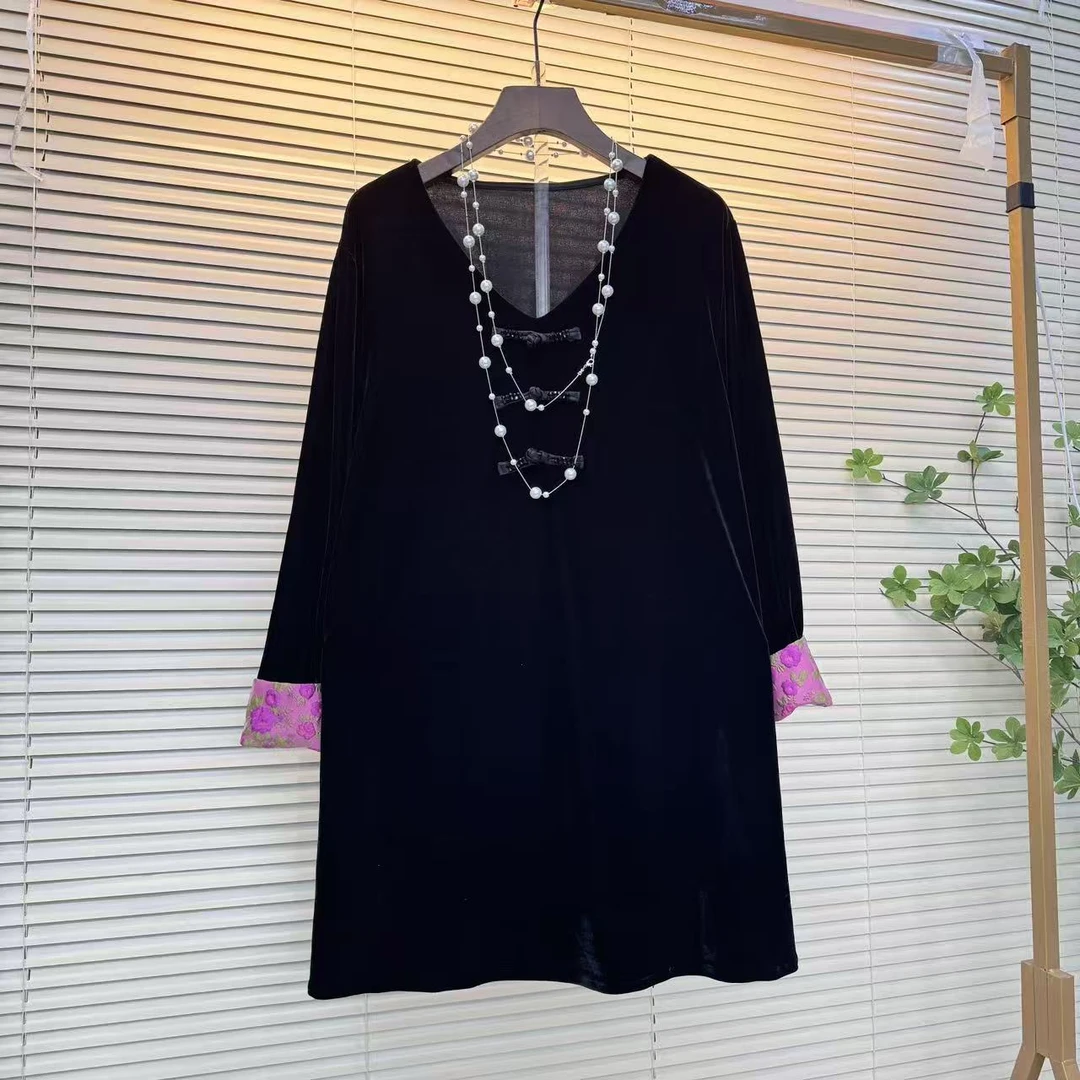 高品质丝绒V领长袖拼接新中式国风加大码上衣秋季百搭好看韵味