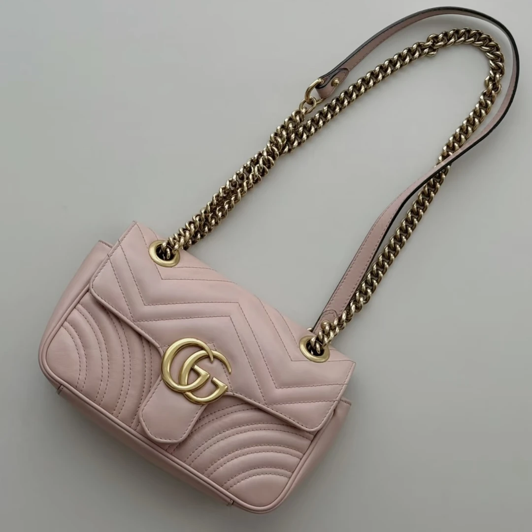 95新 GUCCI/古驰 马蒙22 粉金色 牛皮 单肩包斜挎包