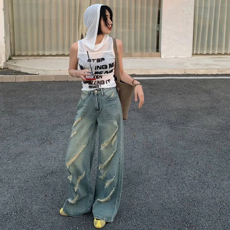 美式重工做旧水洗破坏阔腿牛仔裤女2025夏季新款垂感宽松拖地裤