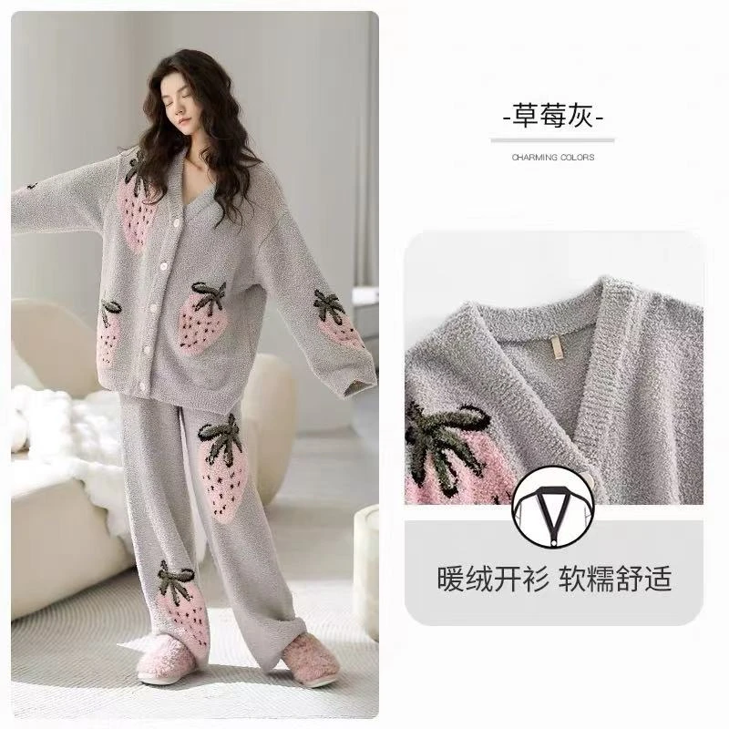 新款秋冬舒适休闲保暖半边绒加绒睡衣长袖家居服