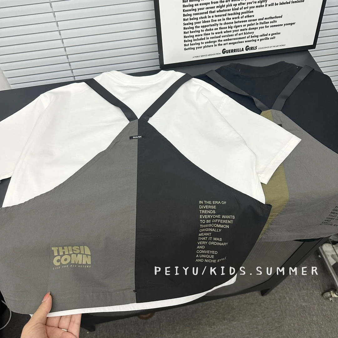 儿童背带假两件短袖夏款拼色拼接T恤男女童韩版时尚百搭潮流上衣