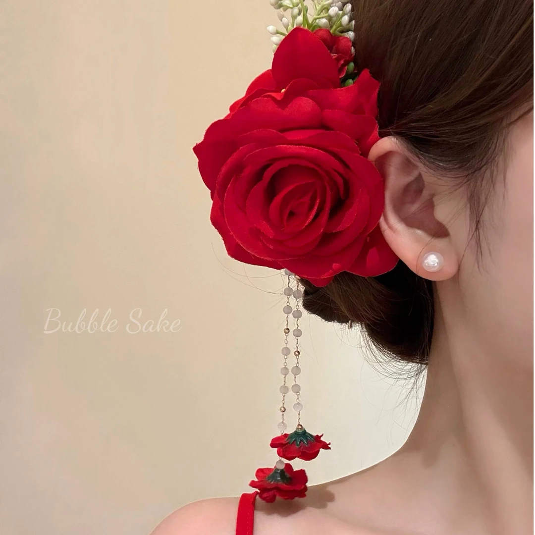 吉普赛玫瑰 新中式红色花朵流苏发夹配旗袍头花发饰女法式超仙