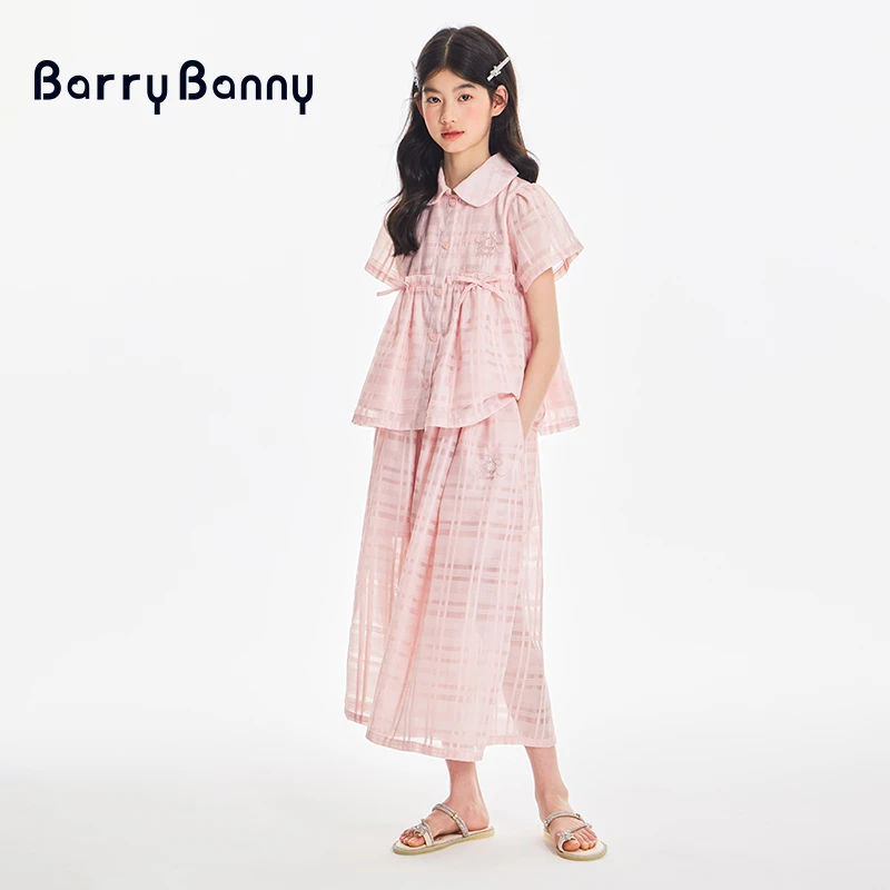 BarryBanny2025女童夏提花格设计凉感夏装套装网纱