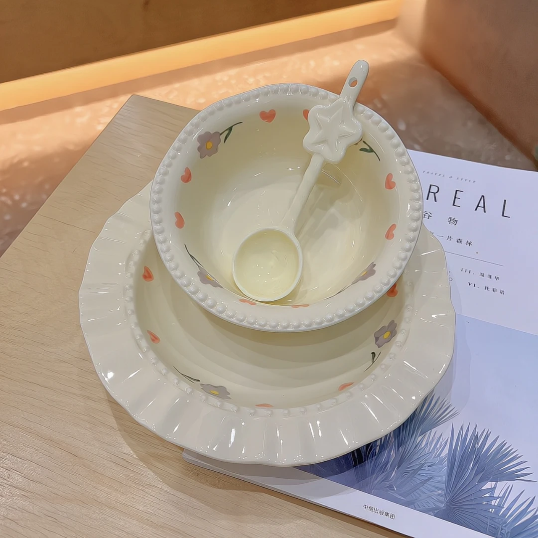 【紫藤花3件套】奶油风碗盘米饭碗圆盘深盘奶油风套装陶瓷餐具碗勺