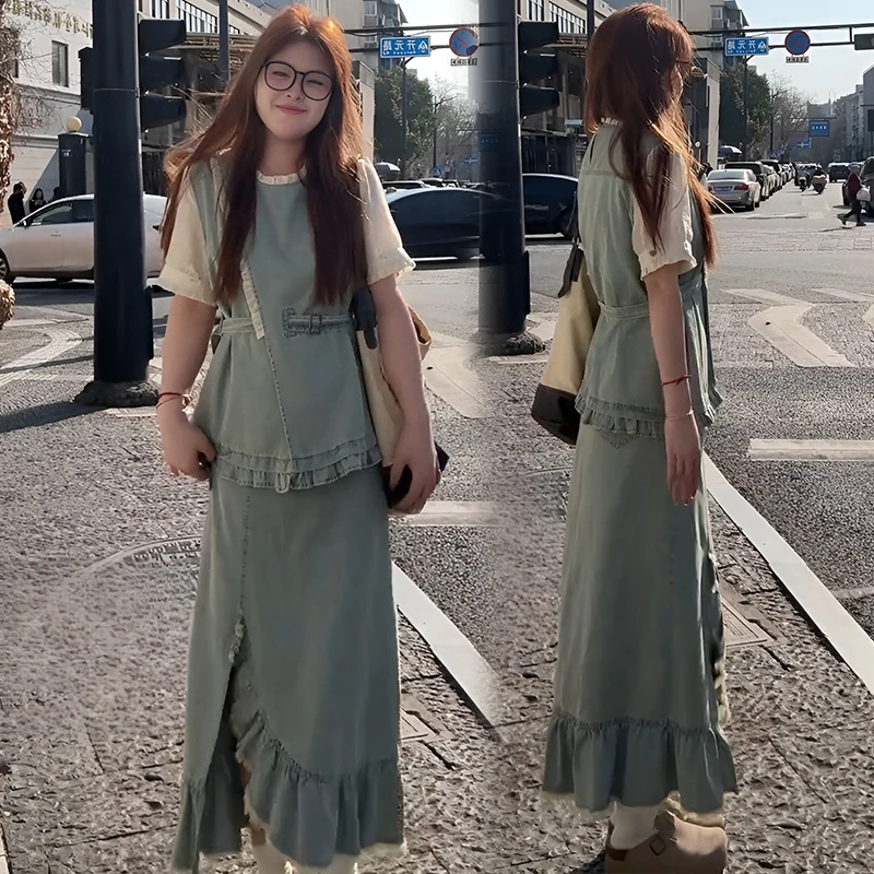 夏季拼接假两件衬衫上衣半身裙套装胖mm遮肚子大码女装遮肉显瘦