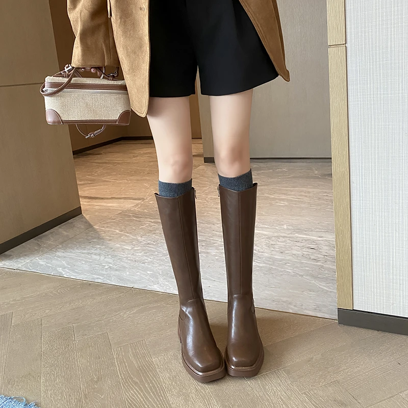 6cm复古女靴长筒骑士增高大筒围长靴真皮大码41胖mm骑士靴靴7012