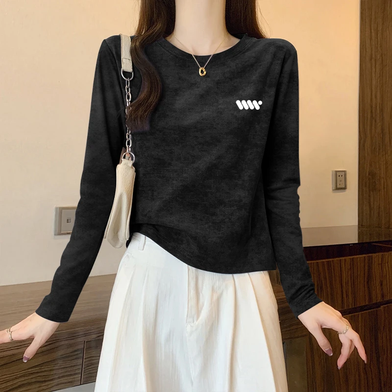 2025新款秋季美式复古扎染长袖t恤女修身显瘦短款打底衫内搭上衣