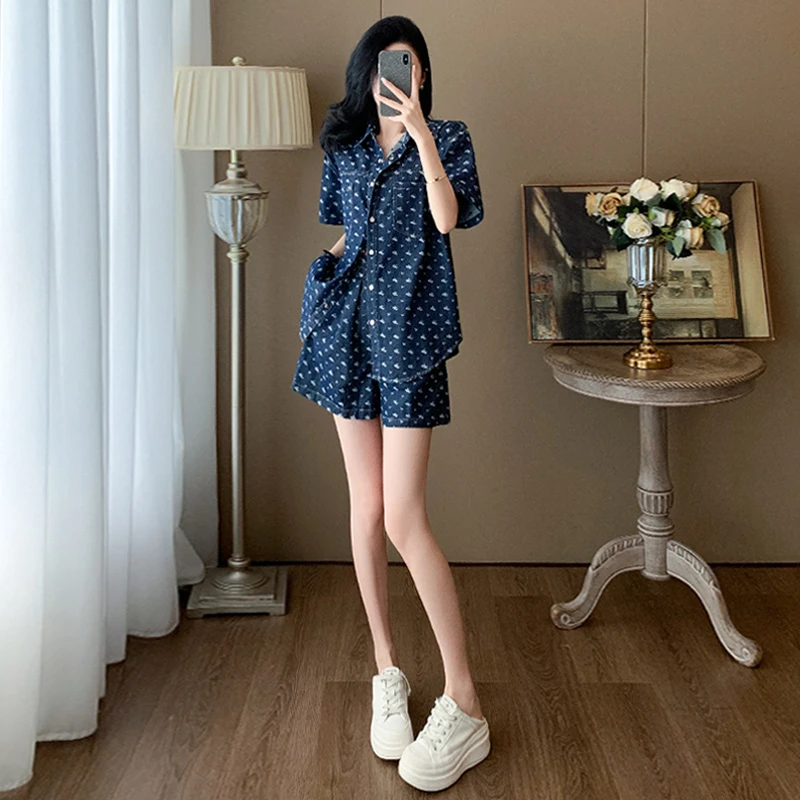 夏季女装休闲时尚牛仔套装2025新款夏装小个子上衣短裤两件套春装
