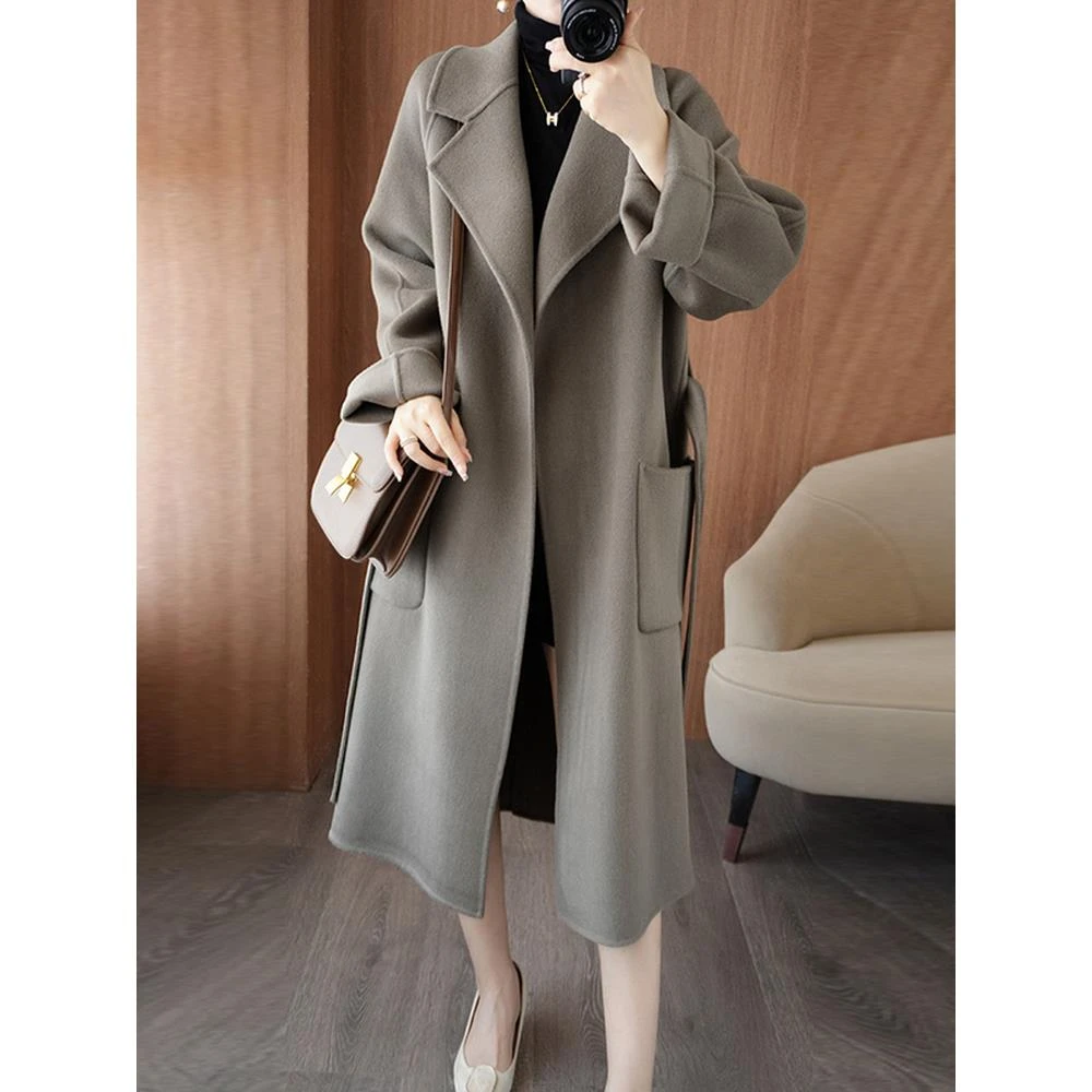 双面呢绒大衣女士纯色长款毛呢秋冬季显瘦法式韩版赫本风外套