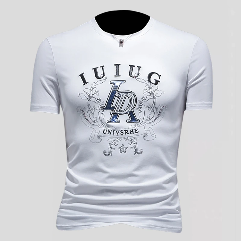 费韦戈摩欧货时尚夏装圆领短袖T恤男士潮流刺绣烫钻修身男款上衣