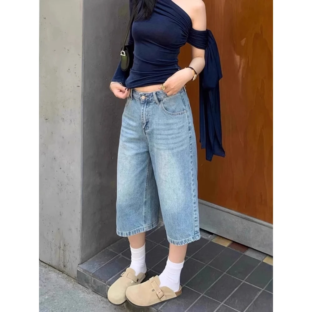 美式高街七分牛仔短裤女夏新款大码胖mm高腰宽松阔腿百搭直筒中裤