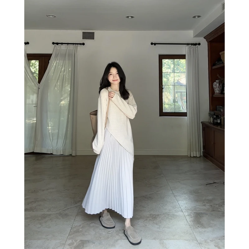 郭九九呢 气质不规则假两件宽松显瘦拼接压褶连衣裙 G925Z13766