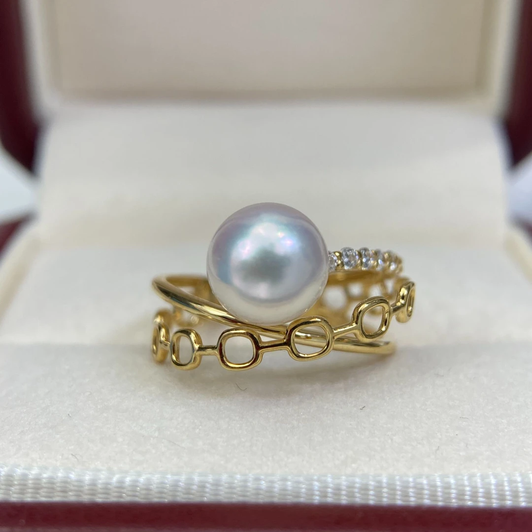 纯天然100%正宗海水珍珠Akoya戒指18K金镶嵌