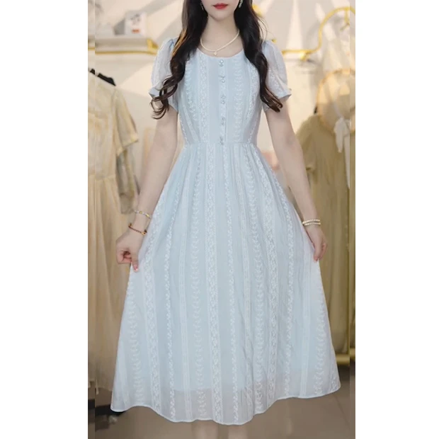 L5361夏季2025新款温柔气质甜美圆领连衣裙女显瘦中长款时尚裙子