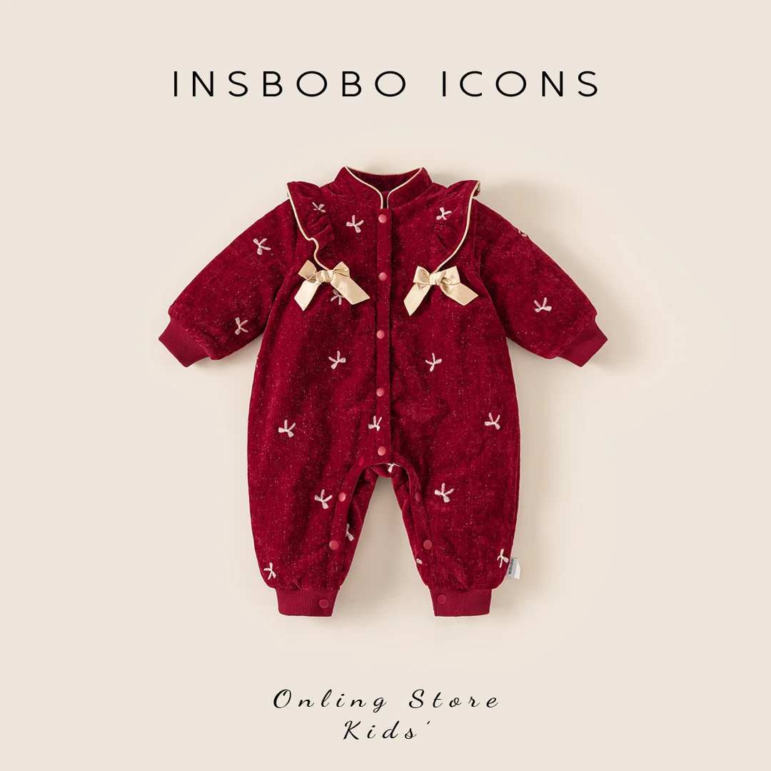 INSbobo婴童拜年服爬服连体加厚冬季花边肩蝴蝶结装饰爬服DY15063