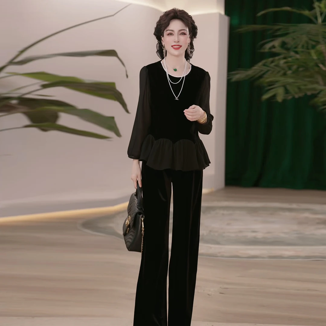 洋气妈妈装圆领纱袖上衣2025秋季新款中老年女装宽松显瘦时尚套装