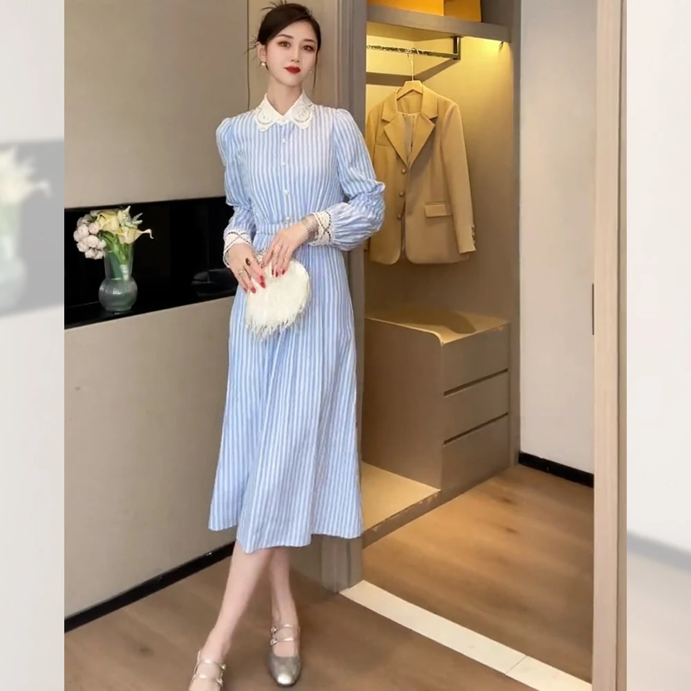 早秋季新款女装气质条纹衬衫连衣裙收腰通勤女士中长款洋气优雅潮