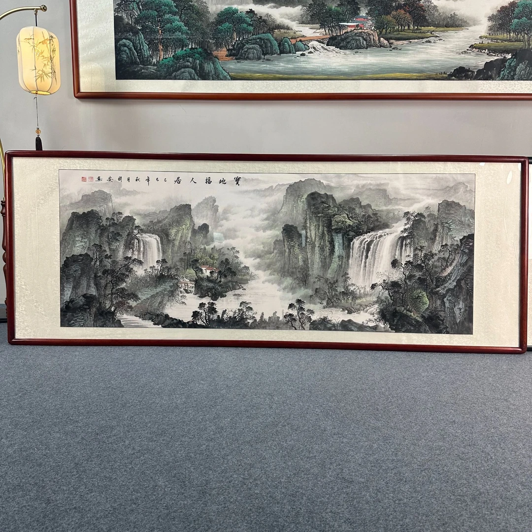 纯手绘-宝地福人居238X108新中式山水国画挂画背景墙装饰画