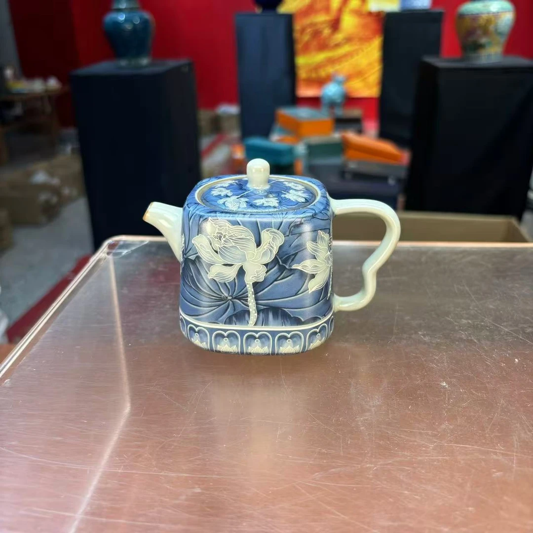 秋香茶具 掐丝银蓝彩荷花四方壶-