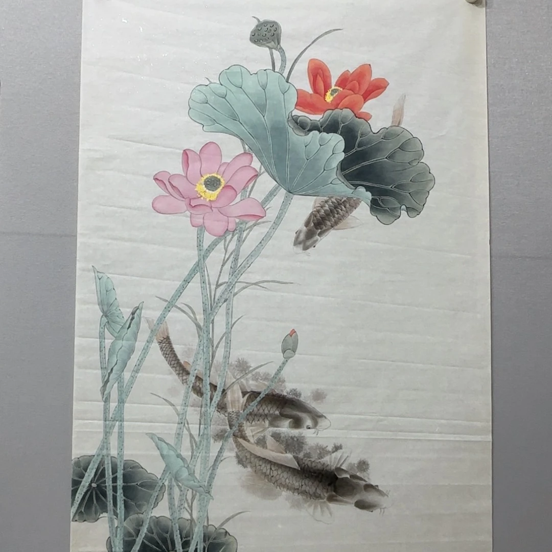 国画竖幅四尺工笔荷花鱼贾敏