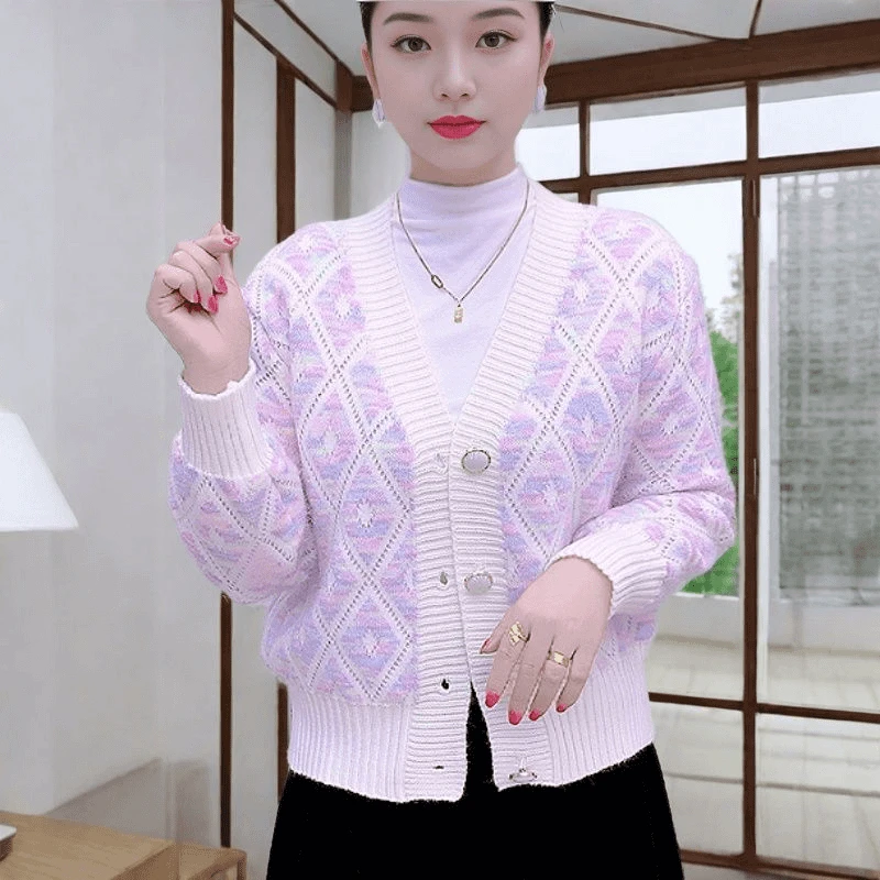 2025春秋复古温柔减龄宽松外穿开衫菱形毛衣菱格短款针织衫女外套