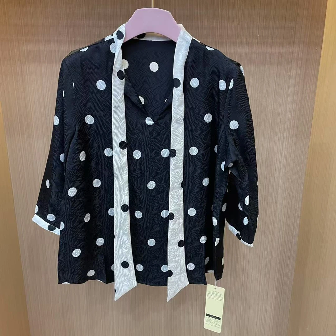 【LJWM】桑蚕丝中袖飘带款上衣 D0101