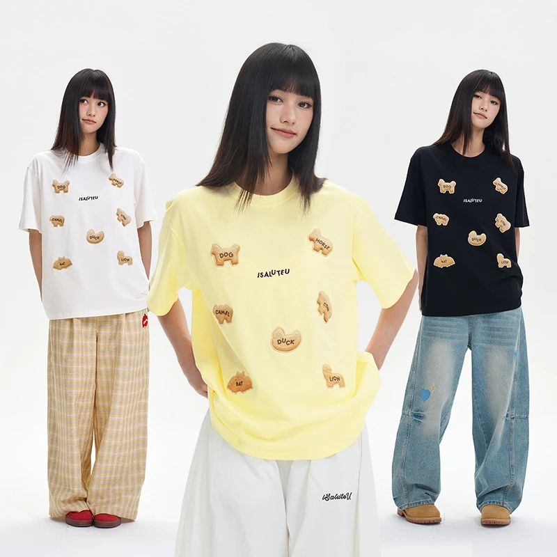 iSaluteU 宠物图案立体贴布绣工艺夏季甜酷短袖潮流宽松情侣款T恤