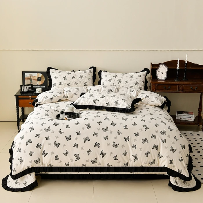 法式赫本风亲肤软糯裸睡床盖被套四件套 机洗防滑床小清新床品