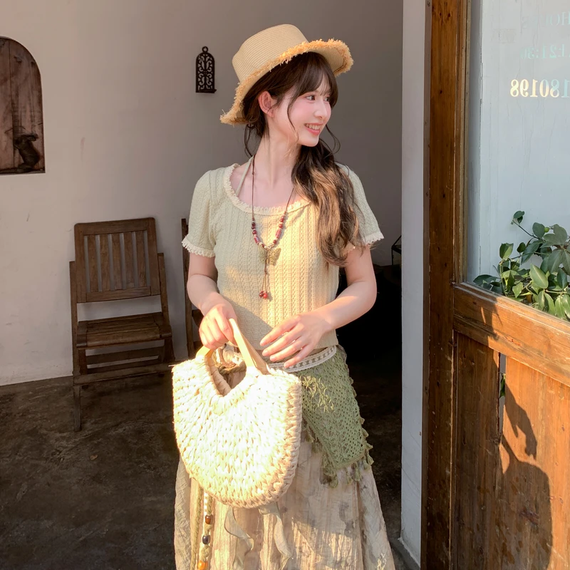 S162【金拐子专属】森女部落森系蕾丝花边拼接挂脖短袖T恤上衣短款