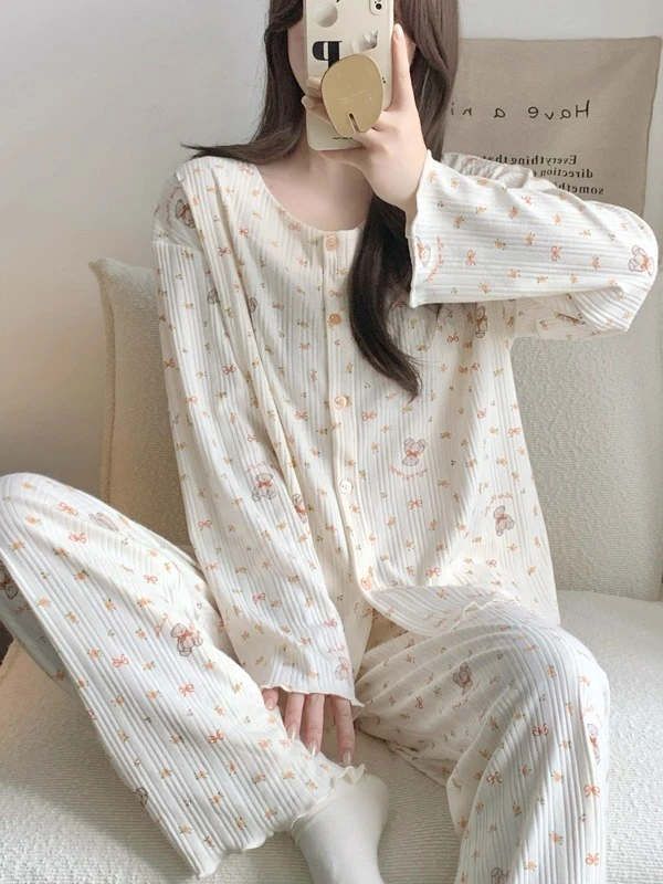 甜美碎花睡衣女春秋季纯棉长袖可爱小熊套装家居服长袖开衫新款