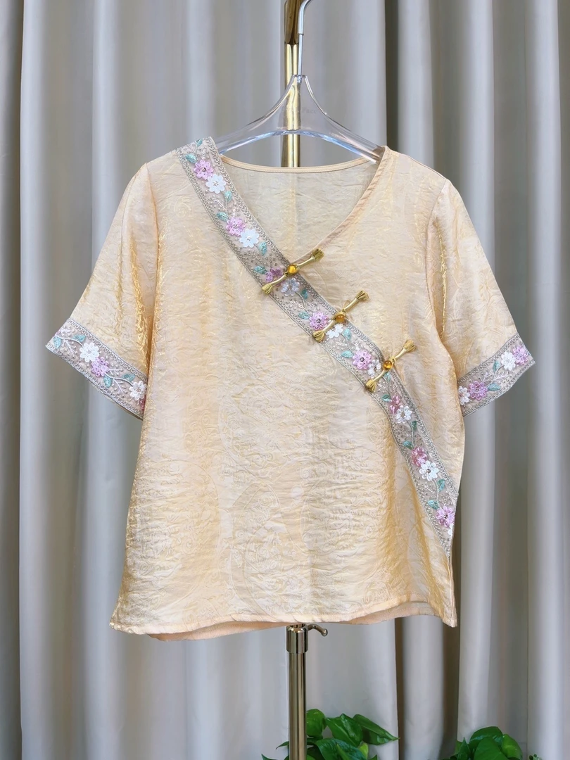 2025年新款浮光锦夏款V领休闲时尚气质款轻薄透气上衣女